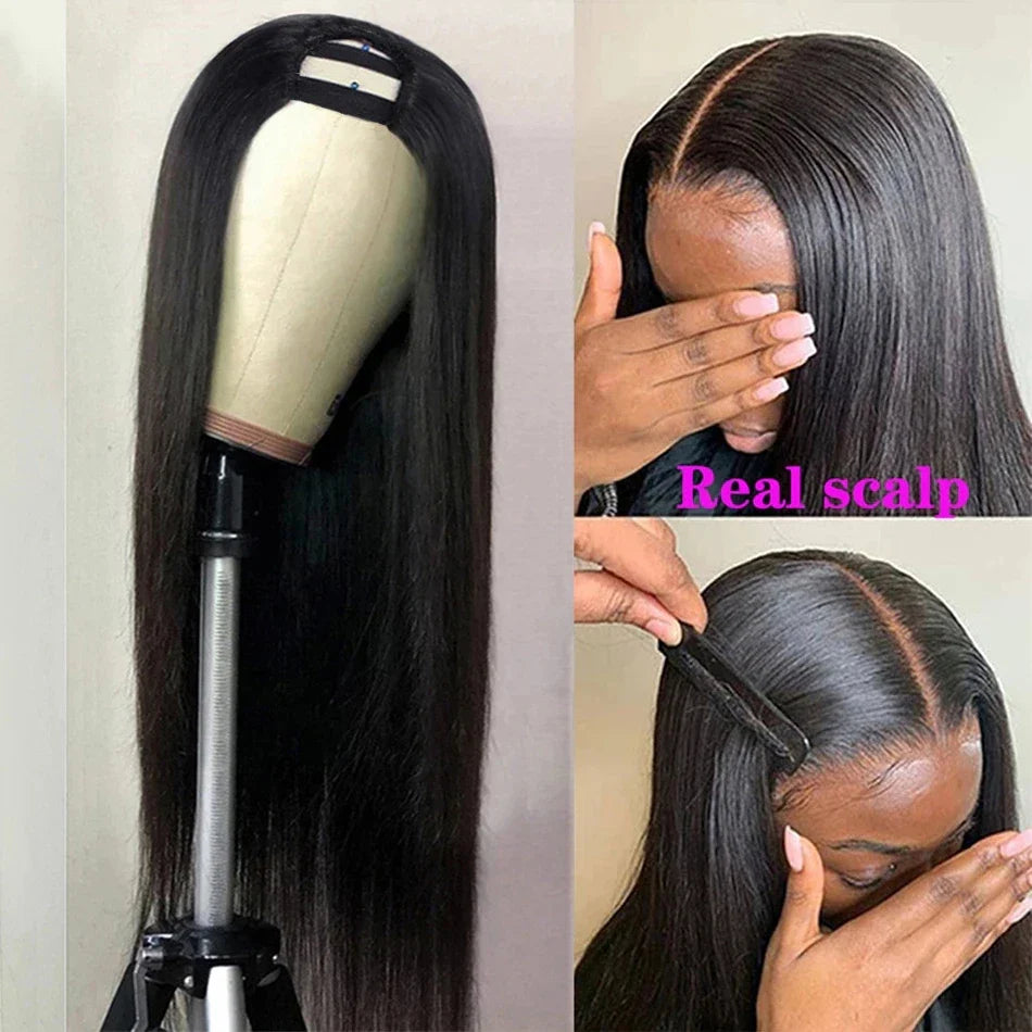 Sleek Straight U Part Human Hair Wig | Brazilian Remy Machine Made Glueless Wig for Black Women (No Shedding, No Tangle)