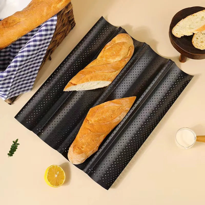 French Bread Baking Pan Nonstick Perforated Carbon Steel Baguette Pan French Bread 3/4 Wave Loaves Loaf Bake Mold Cooking Tray