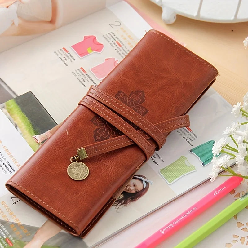 1Pcs Vintage Retro UP Leather Roll Pencil Case Twilight Saga Cosmetic Roll Bag for Women Gifts Stationery Brush Makeup Supplies