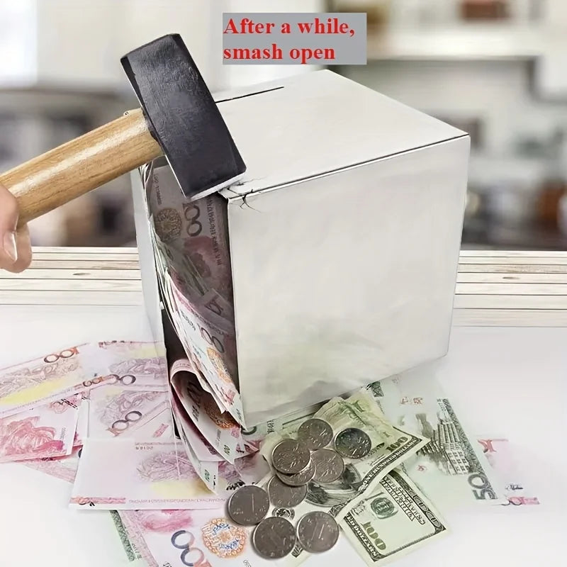 Stainless Steel Piggy Bank, a Student Internet Celebrity Savings Box That Only Allows Deposits, a Durable Metal Money Box.