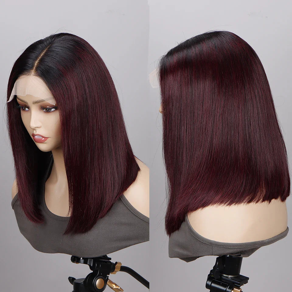 Ombre 1B/99J Burgundy & 1B/27 Honey Blonde Straight Bob Wig | HD Transparent Lace Front Human Hair (Glueless)