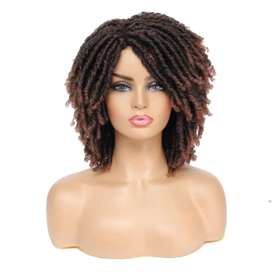 Short Afro Curly Faux Locs Wig | Twist Braids | Heat Resistant | Ombre Brown | Black Women