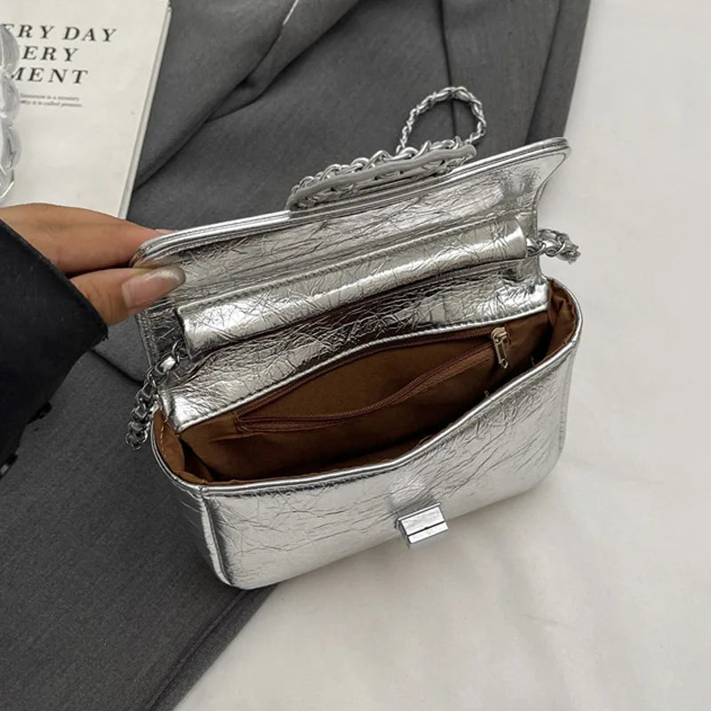Silvery Luxury Handbags & Purse for Women | PU Leather Flip Messenger Shoulder Bag (Female Chain Crossbody Bag)