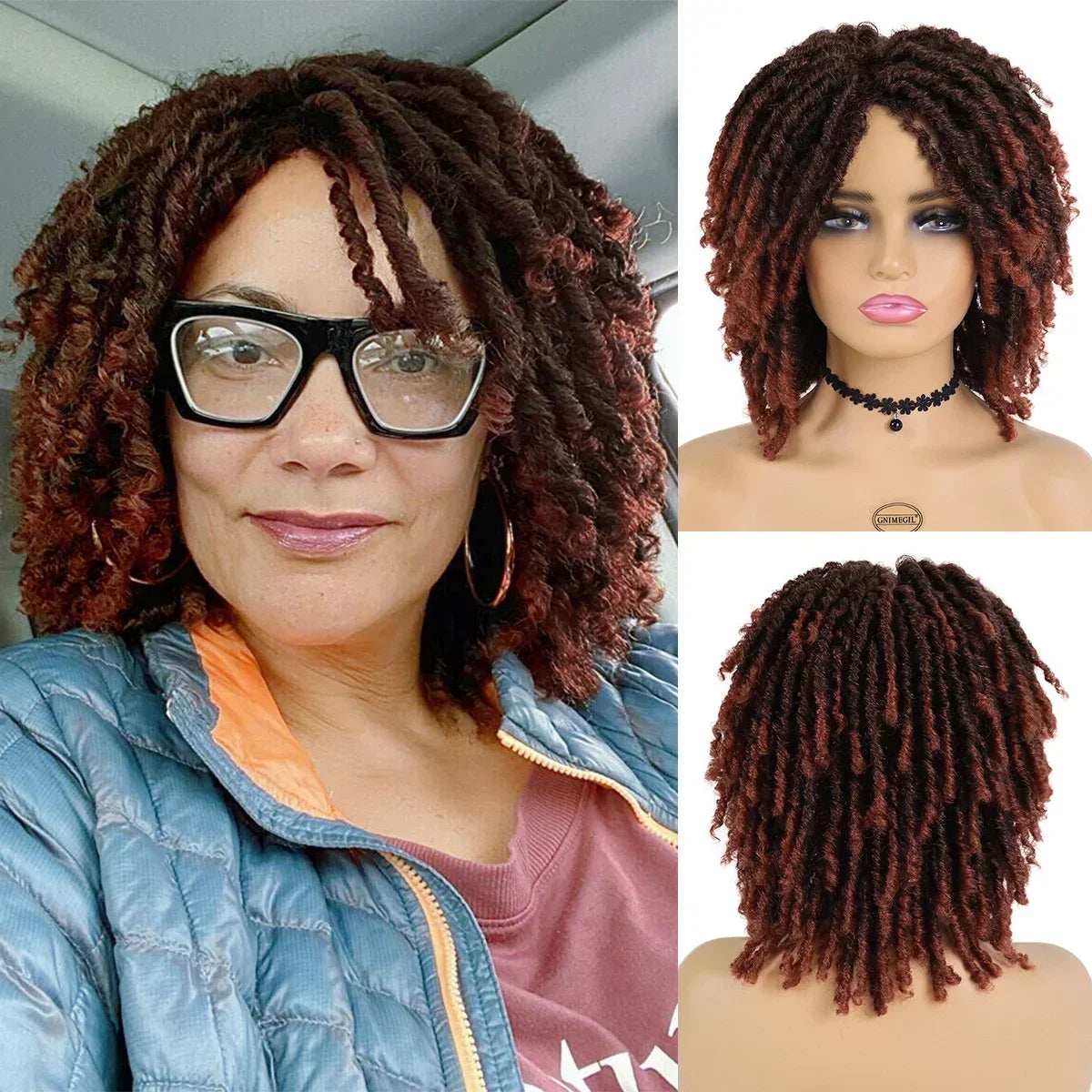 Ombre Brown Short Curly Faux Locs Wig | Crochet Braids | Afro Hip-Hop Style | Black Women