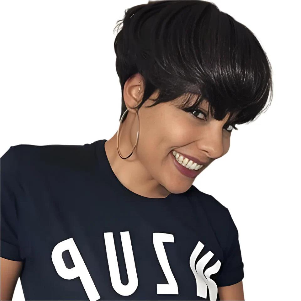 Grey & Natural Black Pixie Cut Wig with Bangs | Remy Human Hair Full Machine Made