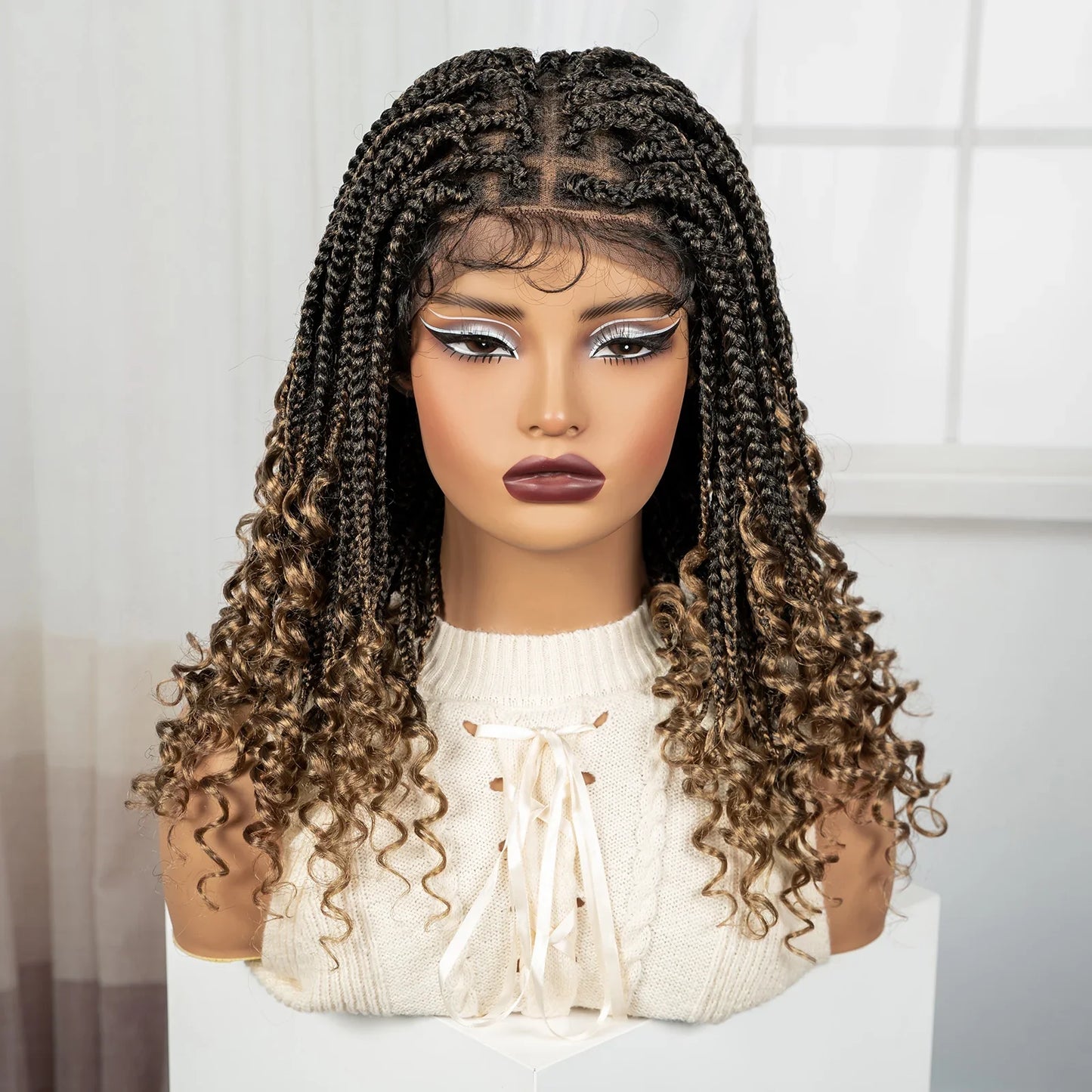 Knotless Box Boho Braided Wig with Curly Ends | Short Bob Style | Full Lace Synthetic Wig for Black Women
