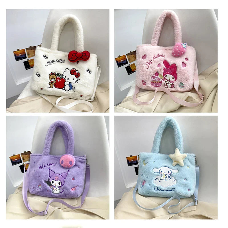 Kawaii Hello Kitty Plush Shoulder Bag | My Melody Cinnamoroll Kuromi Cute Cartoon Anime Handbag (Soft Storage Bag for Women & Girls)