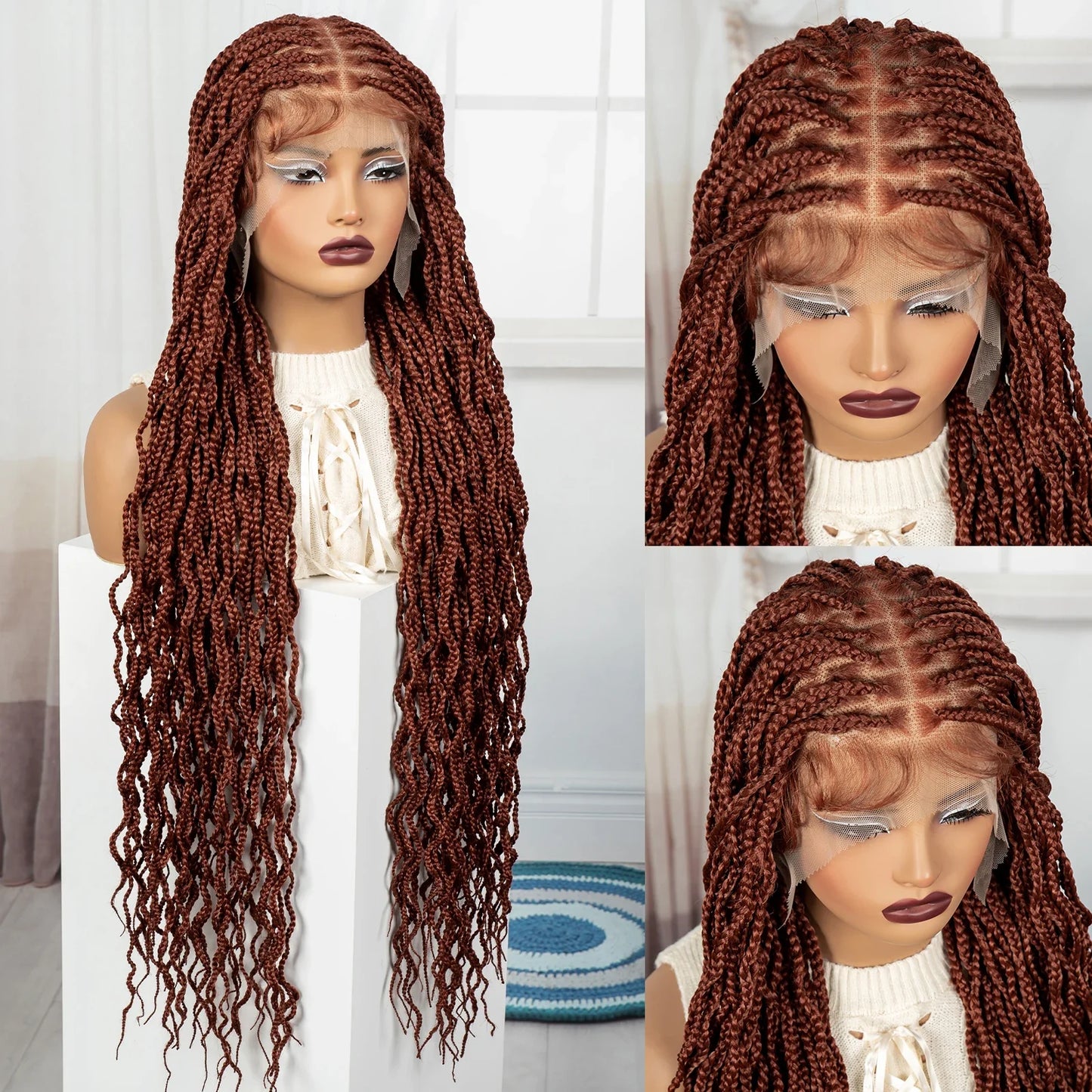 36" Ginger Orange Twisted Knotless Box Braids Wig | Full Lace | Baby Hair