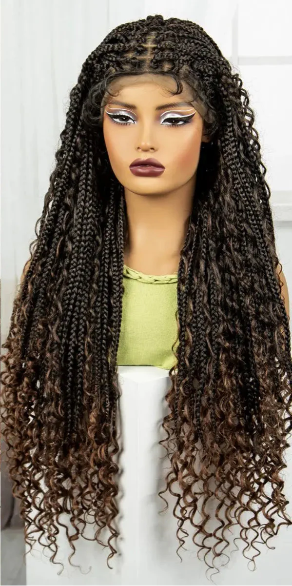 Ombre Boho Knotless Braids Wig | Curly Ends | Lace Front | Baby Hair