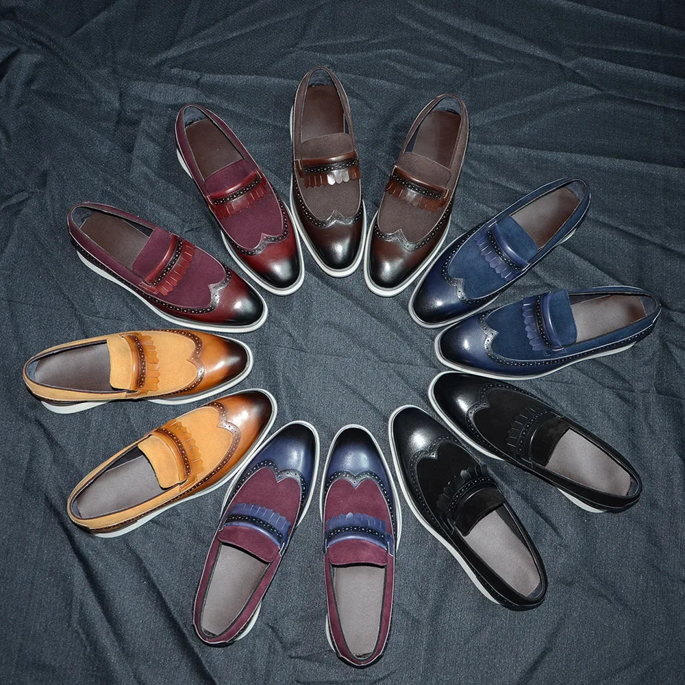 Many Colors Classy Men's Genuine Leather Tassel Loafers | Cow Suede Wingtip Brogue Casual Business Flats
