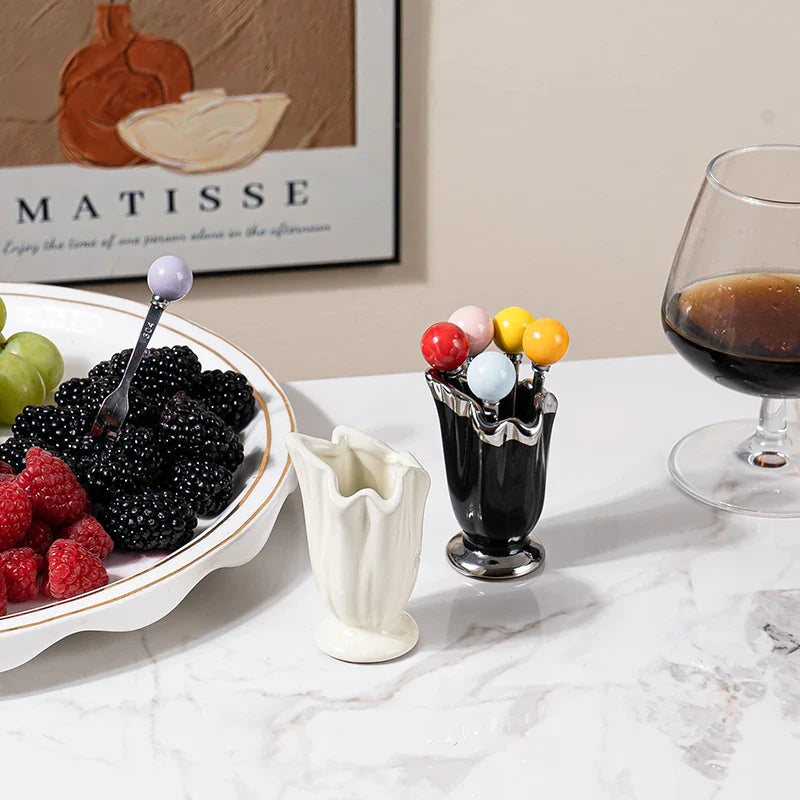 High-end home stainless steel fruit fork and dessert set, with ceramic storage container - innovative fruit fork