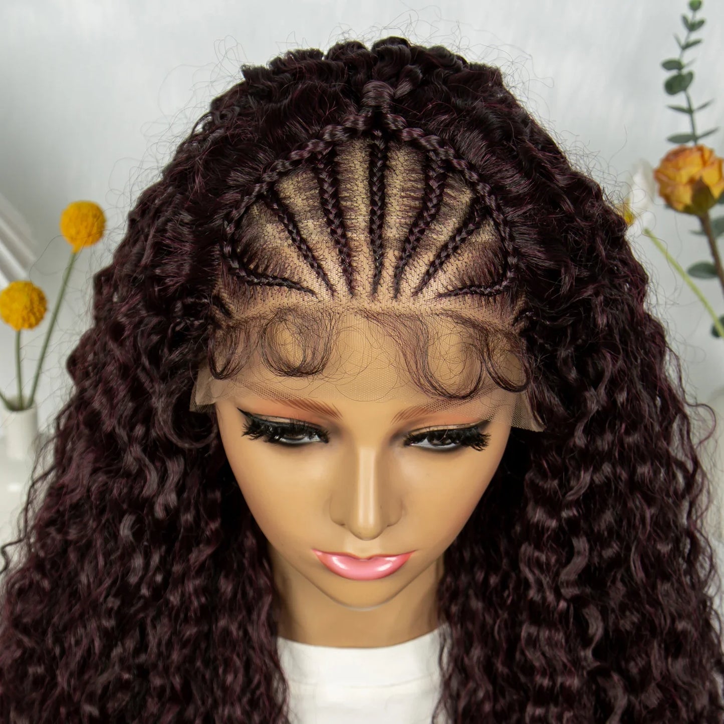 Burgundy Wavy Braided Lace Front Wig | Synthetic Braids | Black Women