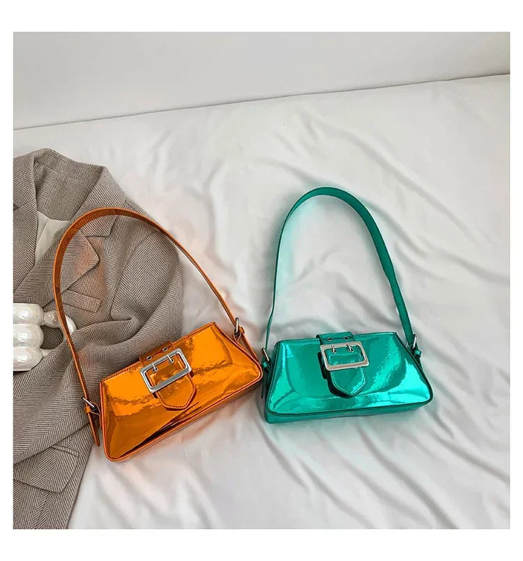 New Luxury Design Women's Glossy PU Leather Armpit Bag | Fashion Party Handbag (Patent Leather Silver Shoulder & Crossbody Bag)