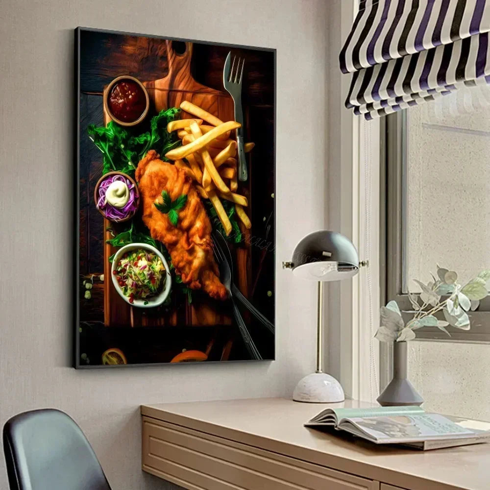 Chicken Food Burger French Fries Chicken Salmon Art Poster Canvas Painting Wall Print Living Room Home Restaurant Decor Poster