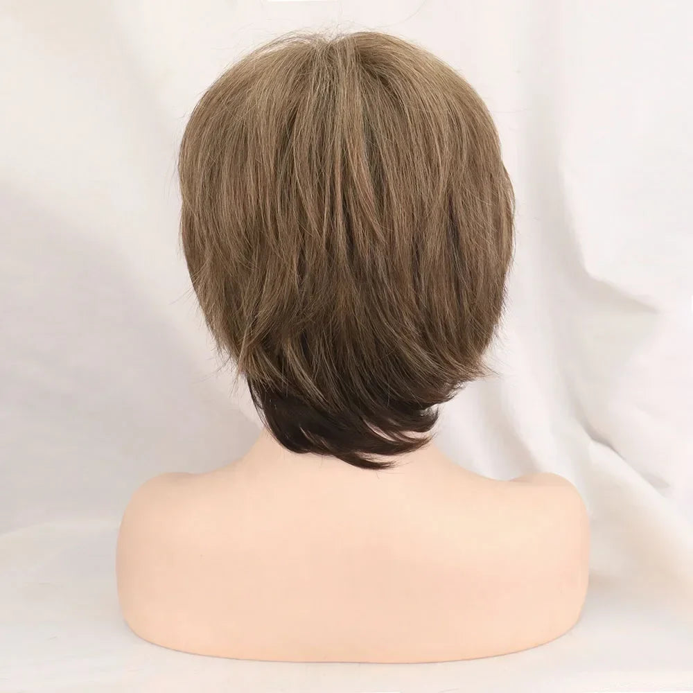 Short Brown Bob Wig with Bangs | Mixed Blonde Synthetic Natural Hair Wig for Women (Soft Mommy Hair, Daily Use)