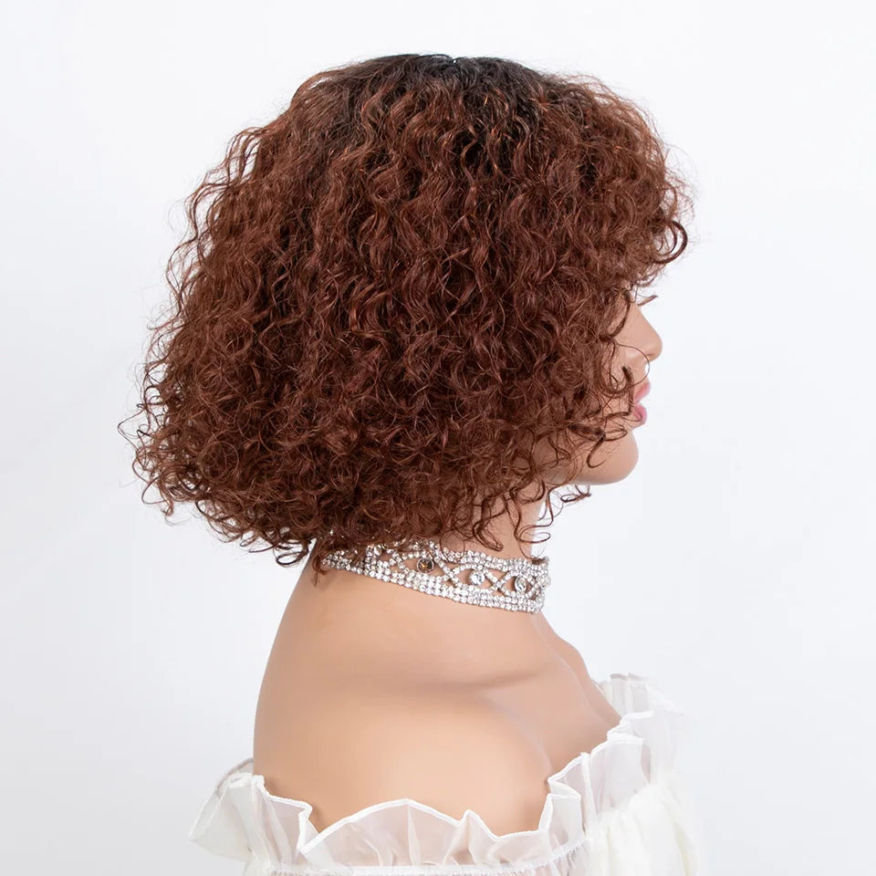 Brazilian Jerry Curly Human Hair Bob Wig with Bangs | Natural Highlight Honey Water Wave Kinky Curly Wigs for Women
