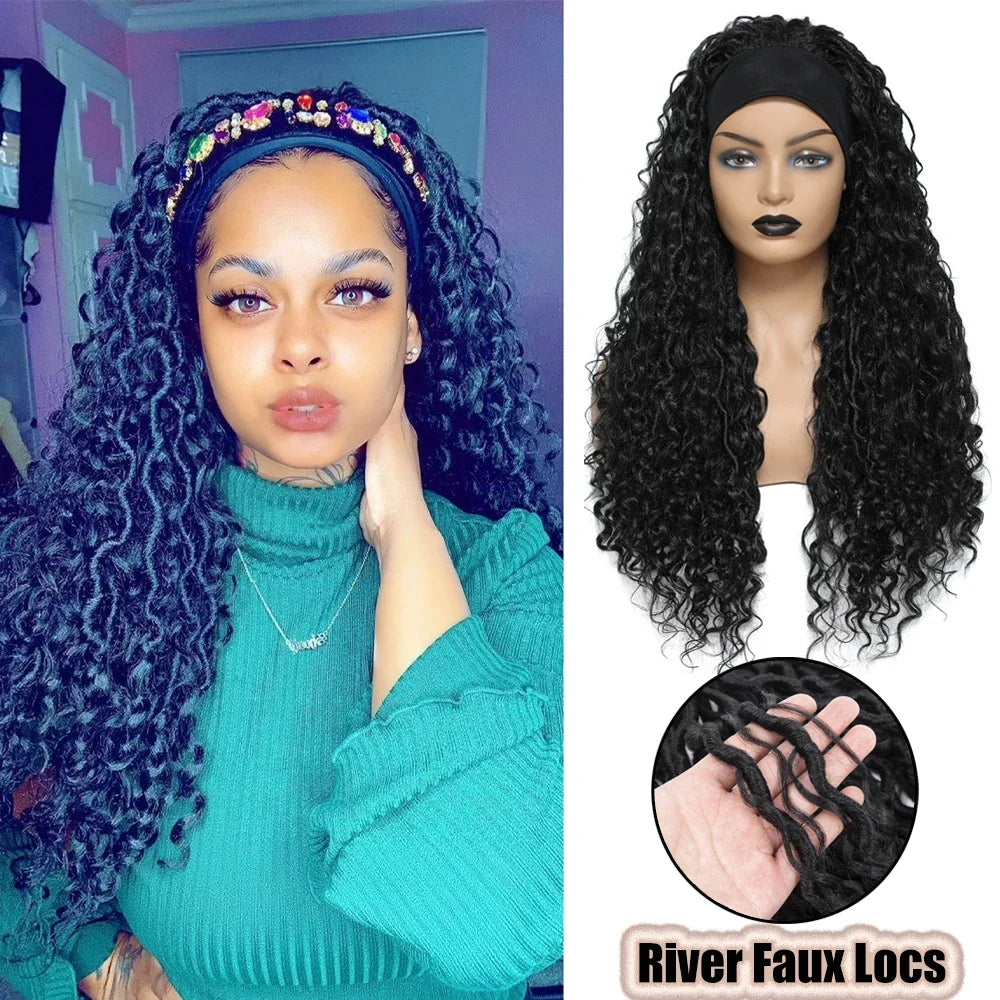 Product Title: 26" Ombre Brown Headband Braided Wig | Faux Locs with Curly Ends | Synthetic Dreadlock Wig