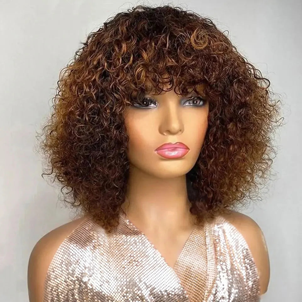 Highlight Jerry Curly Short Bob Wig | Peruvian Human Hair with Bangs