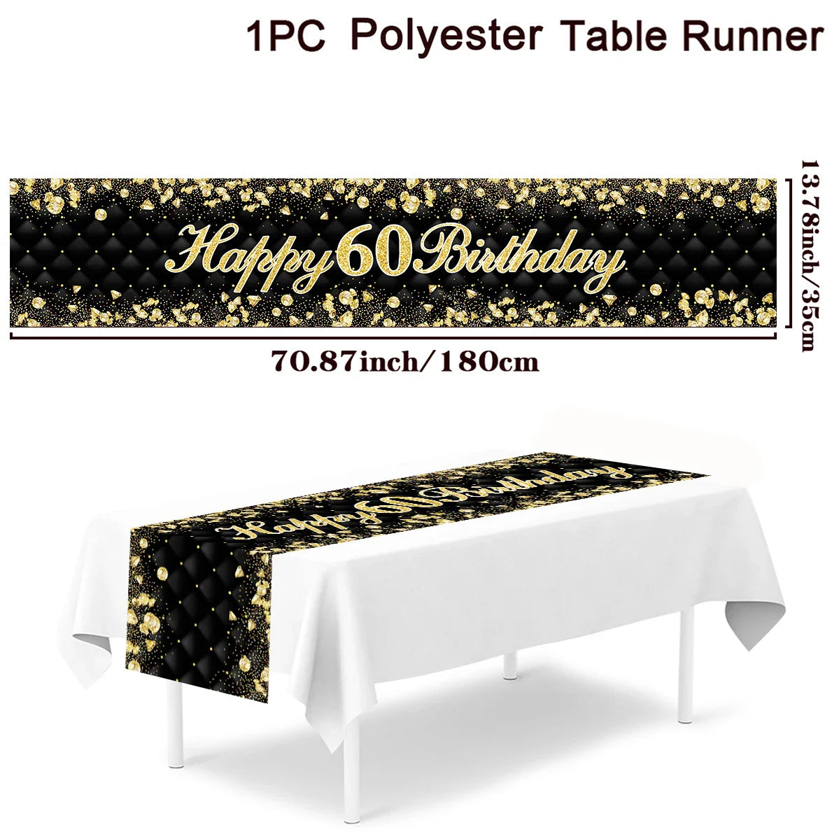 Black Gold Happy Birthday Table Runner 30th 40th 50th Birthday Party Decoration Adult  Anniversary Birthday Party Supplies
