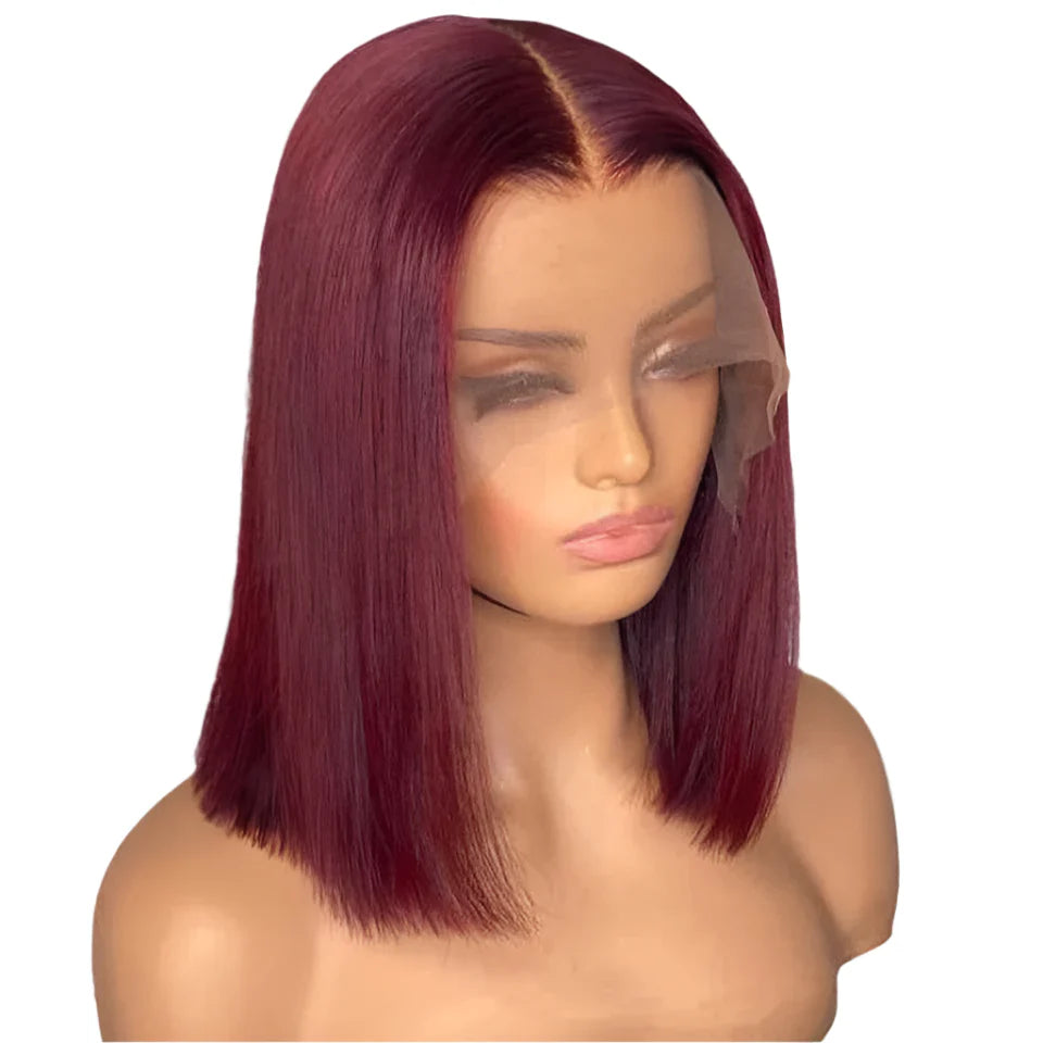 Burgundy HD Transparent Short Bob Wig | 99J Red Straight | 13x6x1 Lace Front Wig | Brazilian Remy Hair | Pre-Plucked