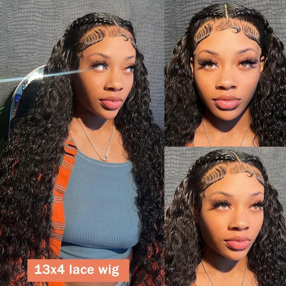 Deep Curly 13x6 HD Lace Frontal Wig | Water Wave Human Hair Wig 13x4 HD Lace Frontal Wigs for Women (Brazilian Remy Black Color)