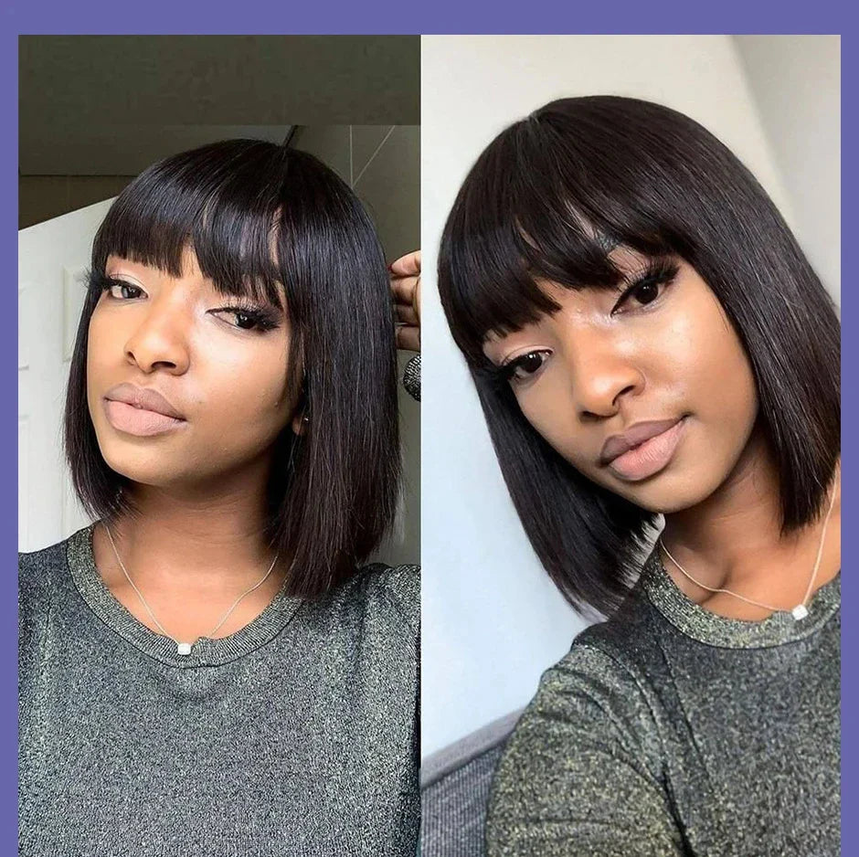 Short Straight Bob Wig with Bangs | "Put On & Go" Human Hair for Black Women (On Sale)