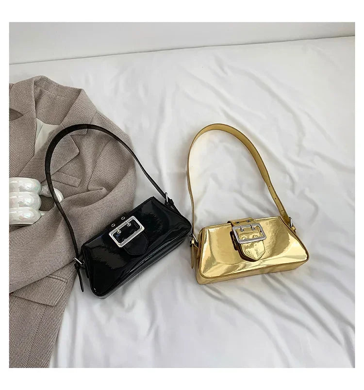 New Luxury Design Women's Glossy PU Leather Armpit Bag | Fashion Party Handbag (Patent Leather Silver Shoulder & Crossbody Bag)