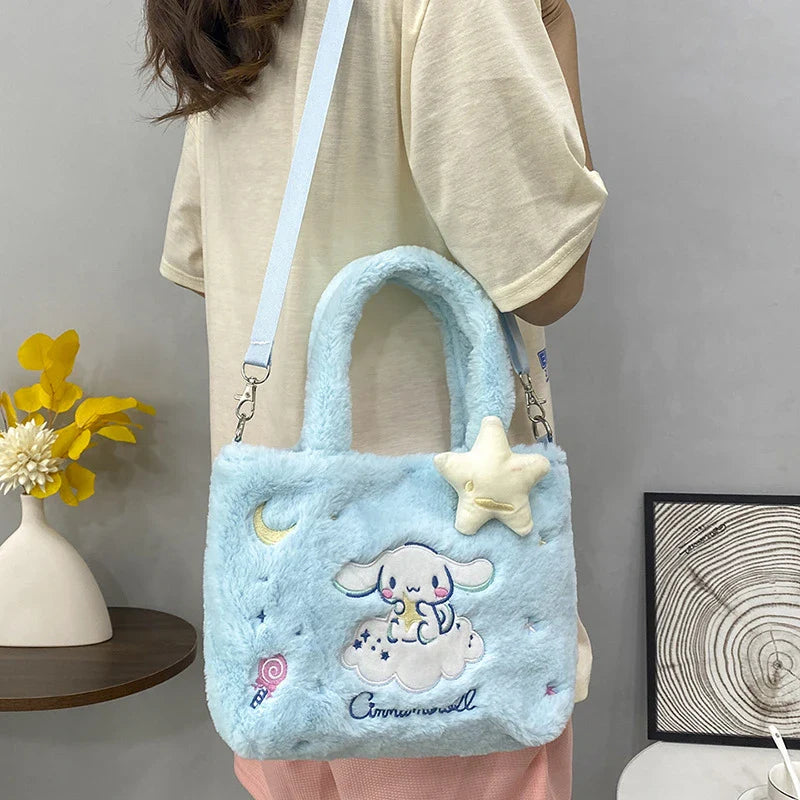 Kawaii Hello Kitty Plush Shoulder Bag | My Melody Cinnamoroll Kuromi Cute Cartoon Anime Handbag (Soft Storage Bag for Women & Girls)