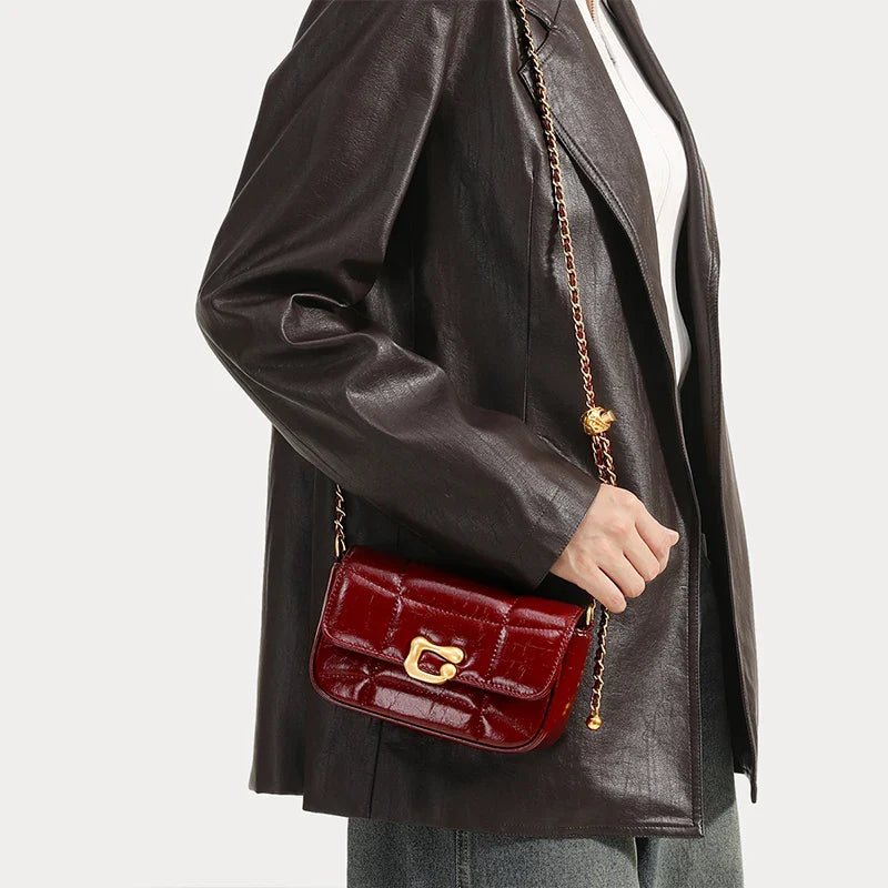Genuine Leather Crossbody Bag | Luxury Brand Shoulder Bag with Chain Strap & Unique Design Quilted Handbag