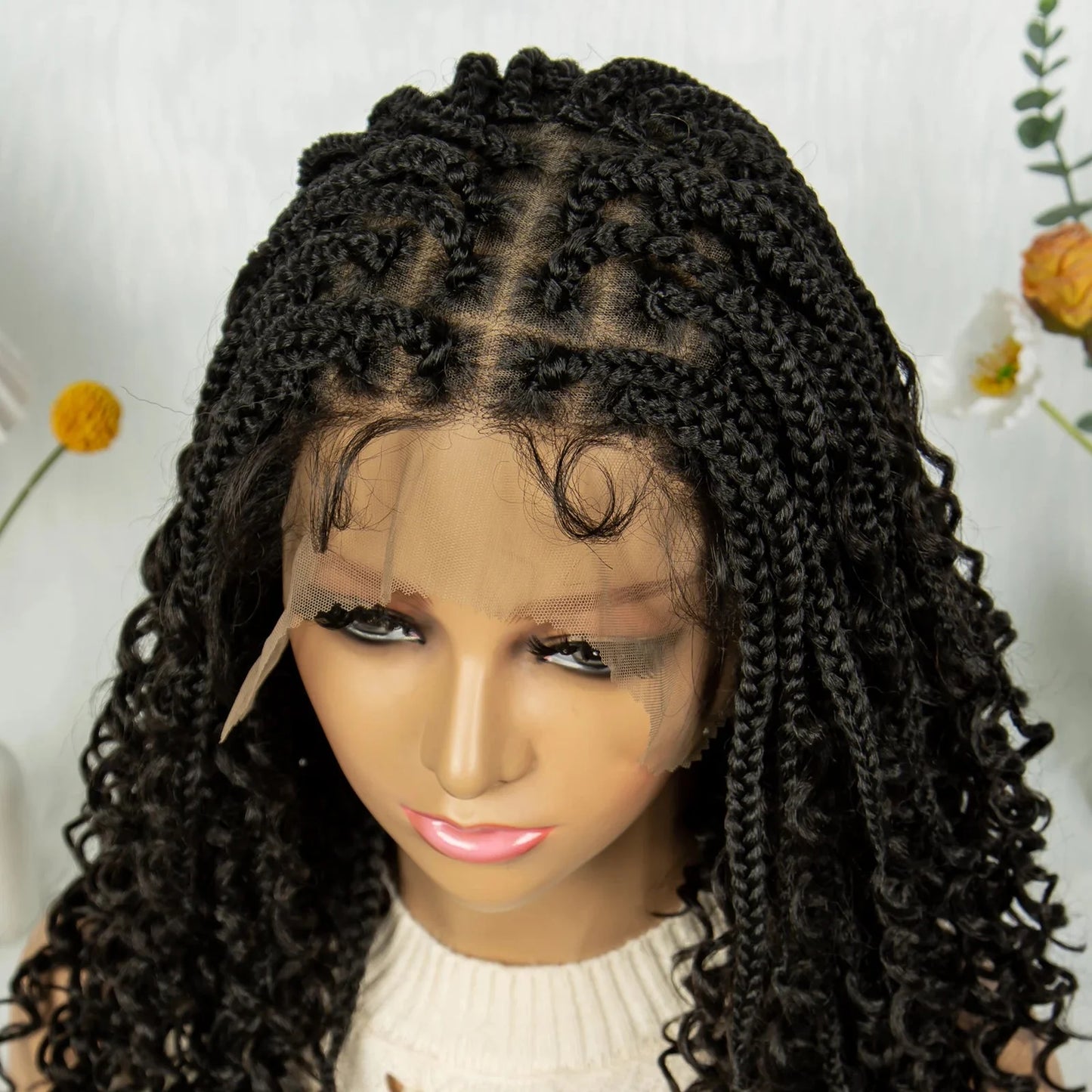 Short Bohemian Box Braids Wig | Full Lace | Curly Ends | Baby Hair | Synthetic Boho Wig