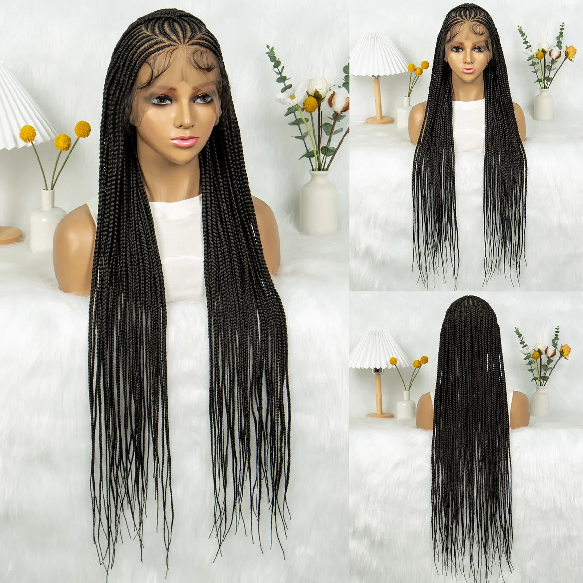 HD Transparent Full Lace Cornrow Knotless Box Braids Wig | Synthetic Goddess Braided Wig for Black Women