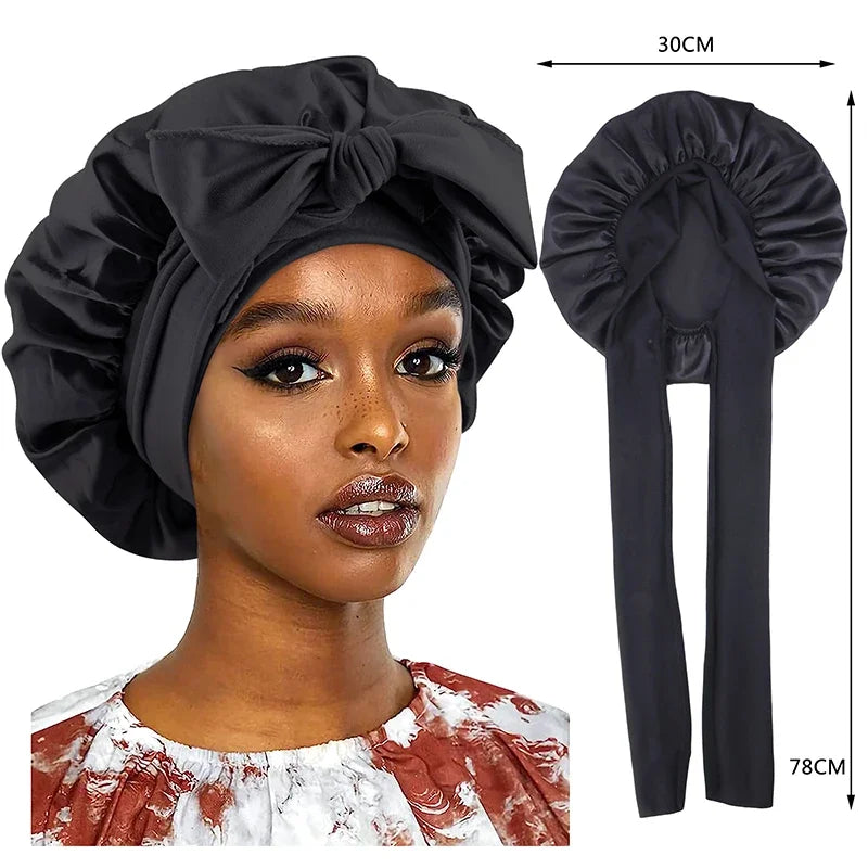 New Satin Sleeping Cap for Women Solid Wide Band Stretch Head Tie Silky Bonnet Edge Wrap Nightcap Hair Care Shower Head Cover