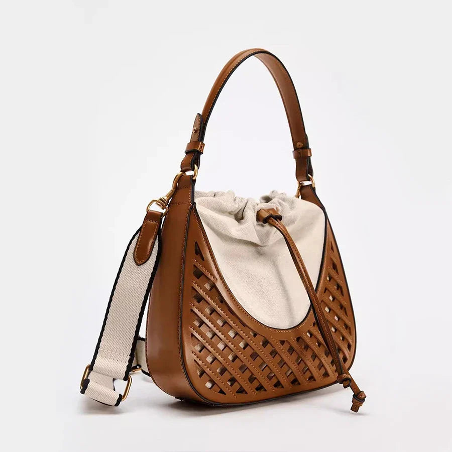 Fashionable Autumn & Winter Woven Hollow Shoulder & Crossbody Bag | Retro Versatile Travel Contrast Color Large Capacity Canvas Handbag
