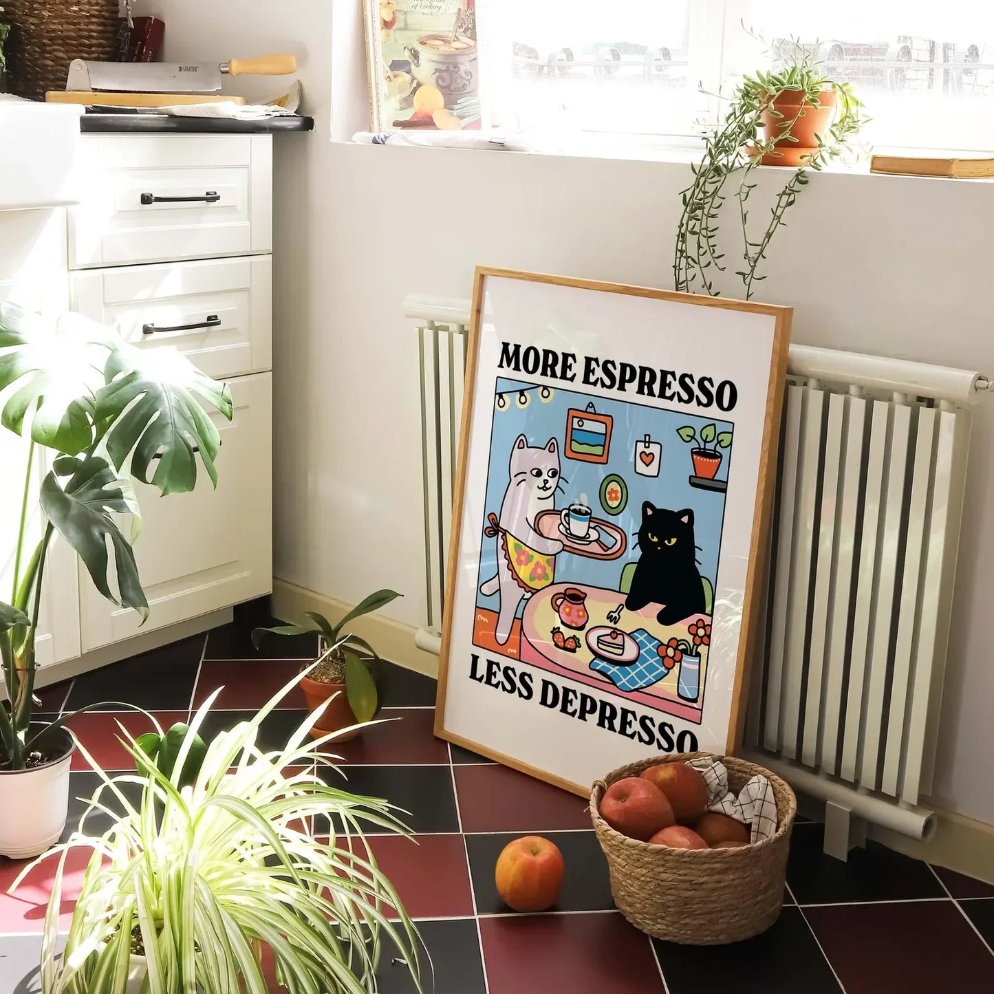 More Espresso Less Depresso Black Cat Wall Print, Coffee Cat Poster, Kitchen Art, Handmade Cat Coffee Poster, Coffee Bar, Unique