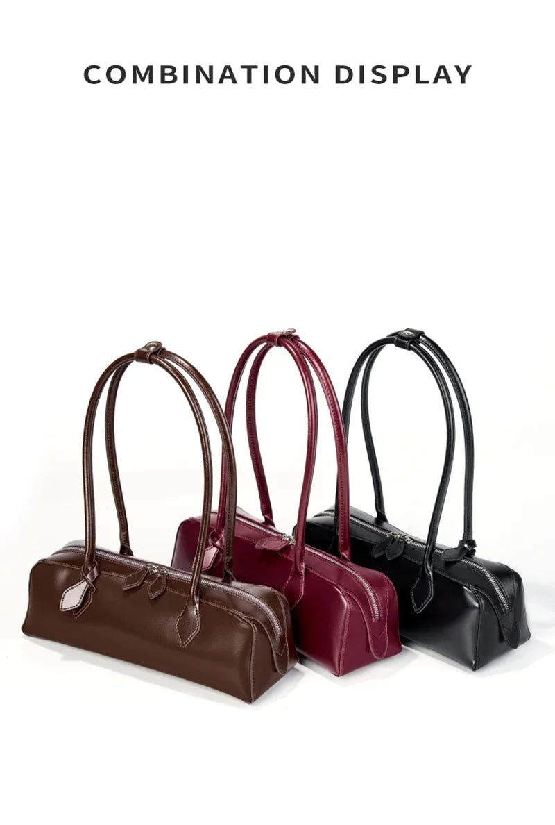 New Genuine Leather Women's Shoulder Bag | Large Capacity Cowhide Luxury Handbag (Long Strip Wine Red Baguette Bag)