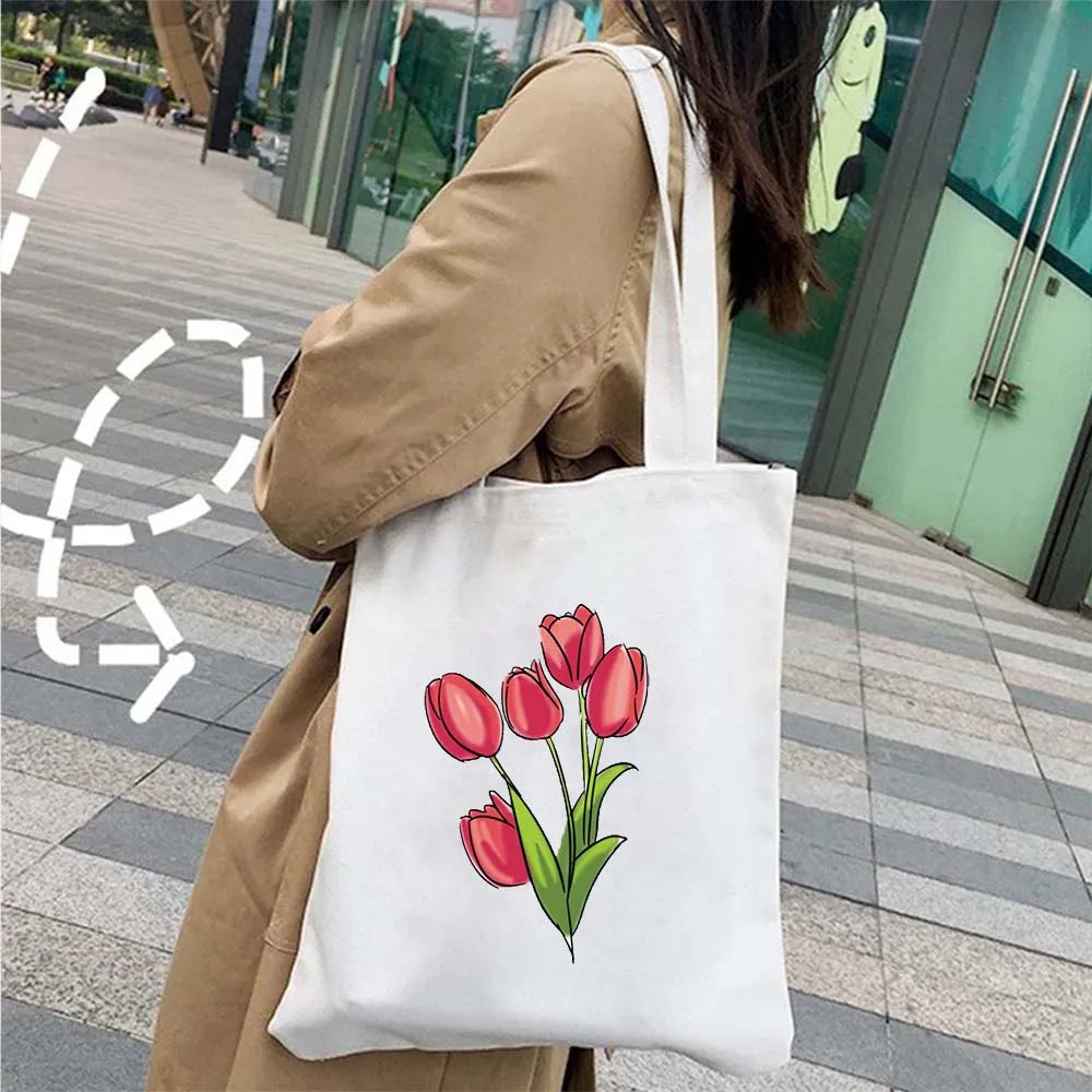 Succulove Floral Cotton Tote Bag | Large Capacity Handbag with Tulips, Hydrangeas, Sunflowers & More (Casual Shoulder Shopper, Eco-Friendly)
