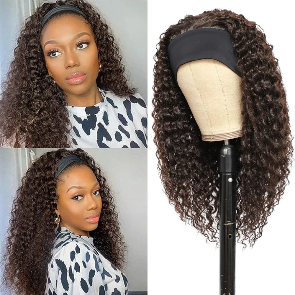 Water Wave Headband Wig | Darker Brown | Synthetic Curly Hair Wig | 20 Inches | Glueless | Full Machine Made Wigs