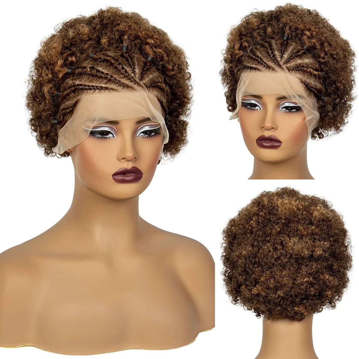 Natural Black Synthetic Braided Wig | 13x4 Transparent Lace Front Short Afro Kinky Curly Braids