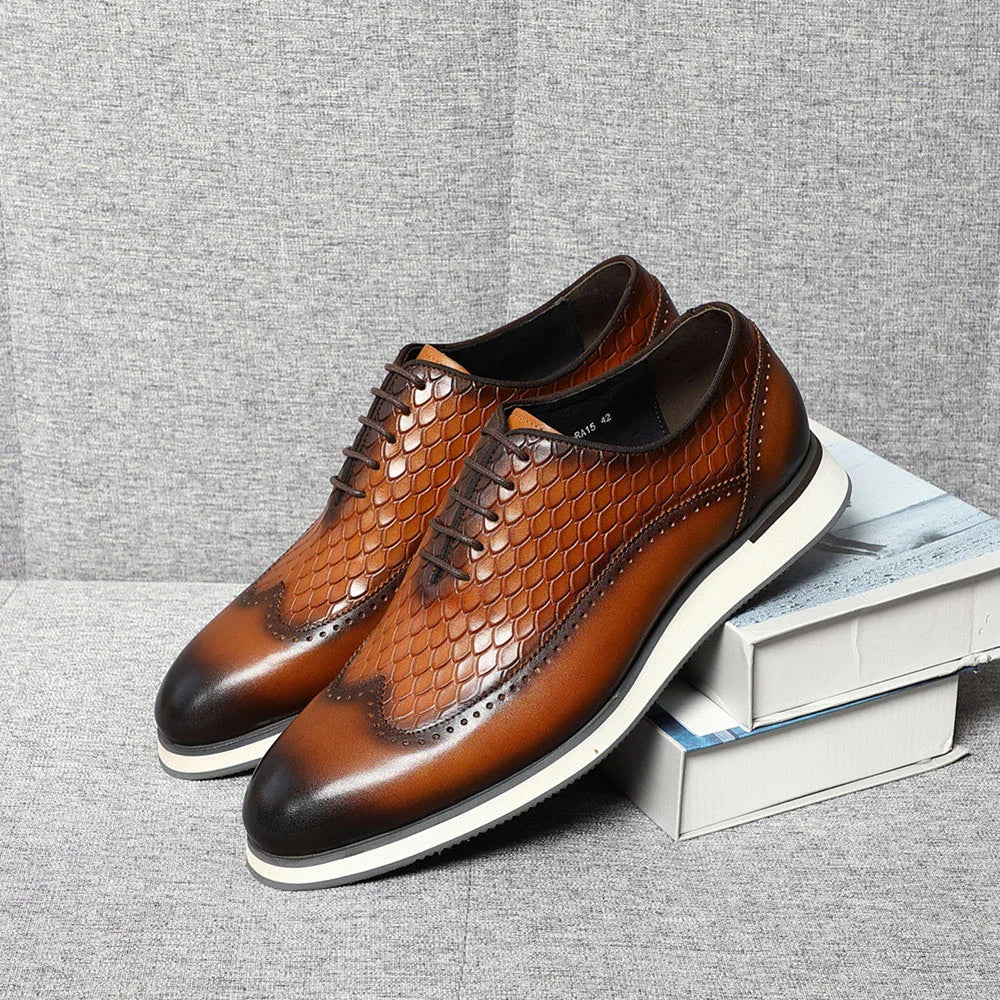 Men's Natural Genuine Leather Oxfords | Classic European Style Snake Print Casual Sneakers (Breathable)
