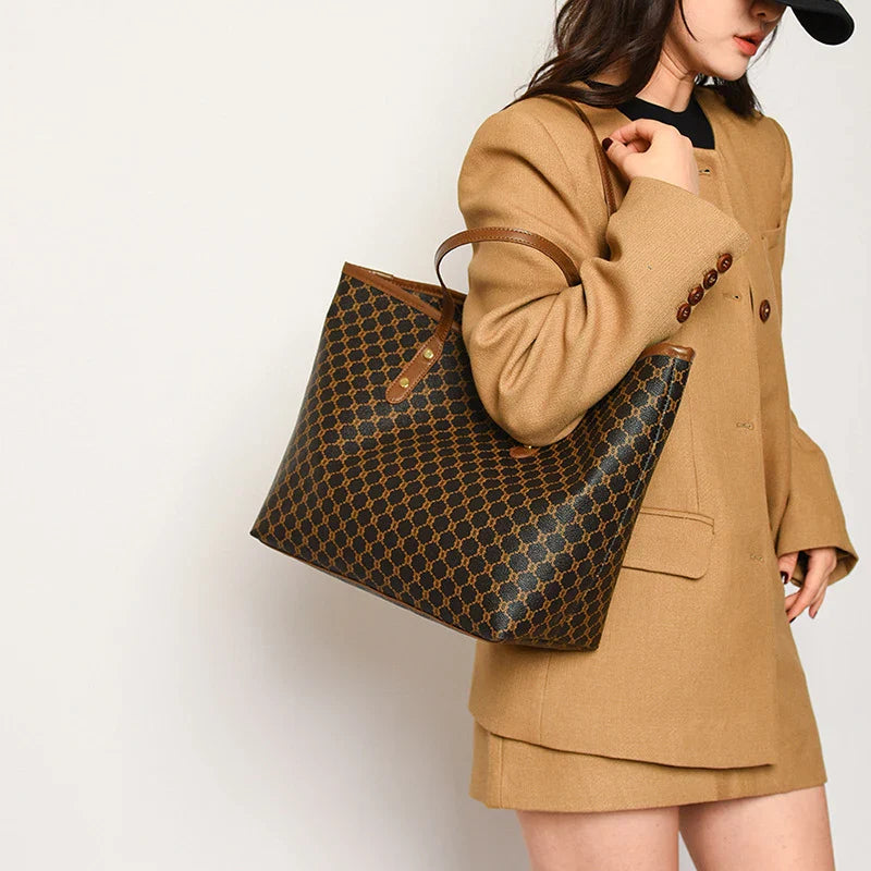Large Capacity Shoulder Bag for Women | PU Leather Handbag for Commuting & Casual Use (Versatile Tote Bag, Geometric Pattern)