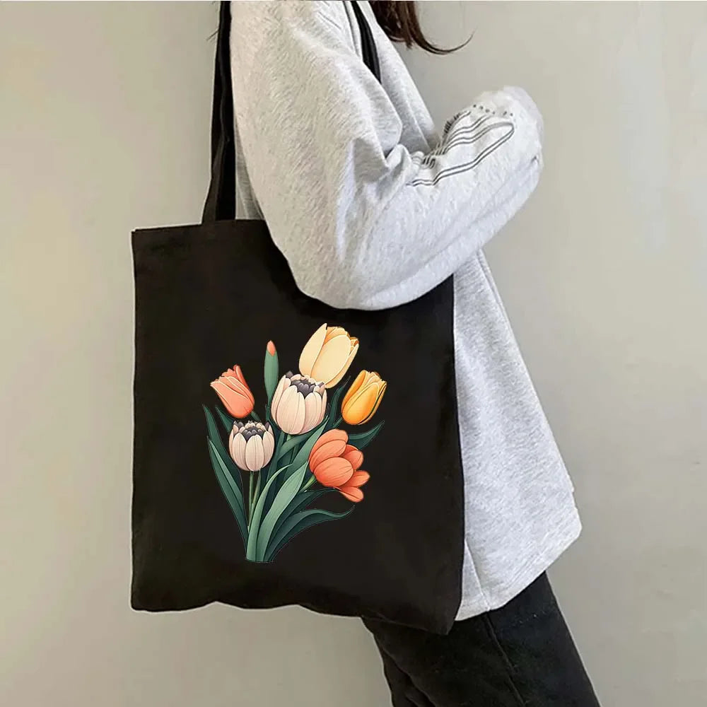 Succulove Floral Cotton Tote Bag | Large Capacity Handbag with Tulips, Hydrangeas, Sunflowers & More (Casual Shoulder Shopper, Eco-Friendly)