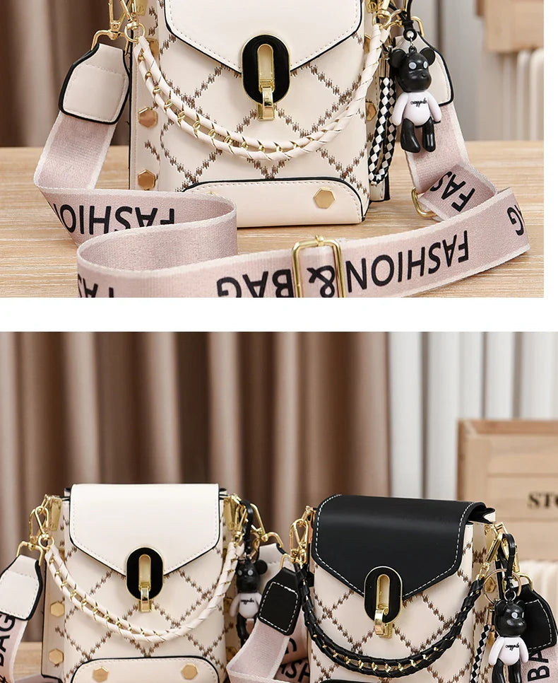Mini Studded Decor Crossbody Bag | Argyle Embroidery Mobile Phone Purse & Trendy Chain Handbag for Women