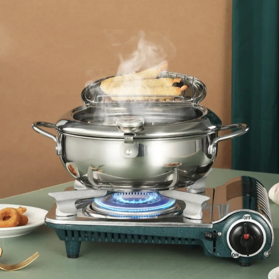 Japanese Deep Frying Pot with a Thermometer and a Lid 304 Stainless Steel Kitchen Tempura Fryer Pan 20 24 cm