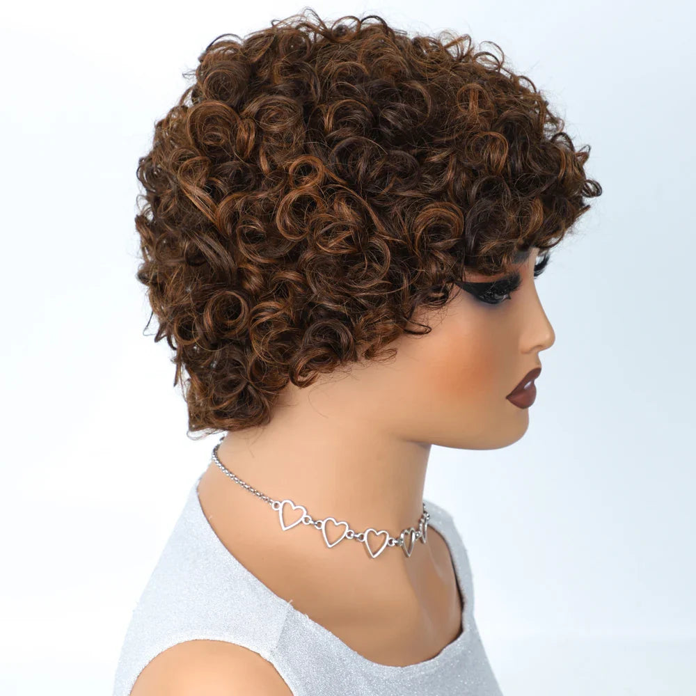 Sleek Short Pixie Afro Kinky Curly Wig with Bangs | Glueless Malaysian Human Hair Bob