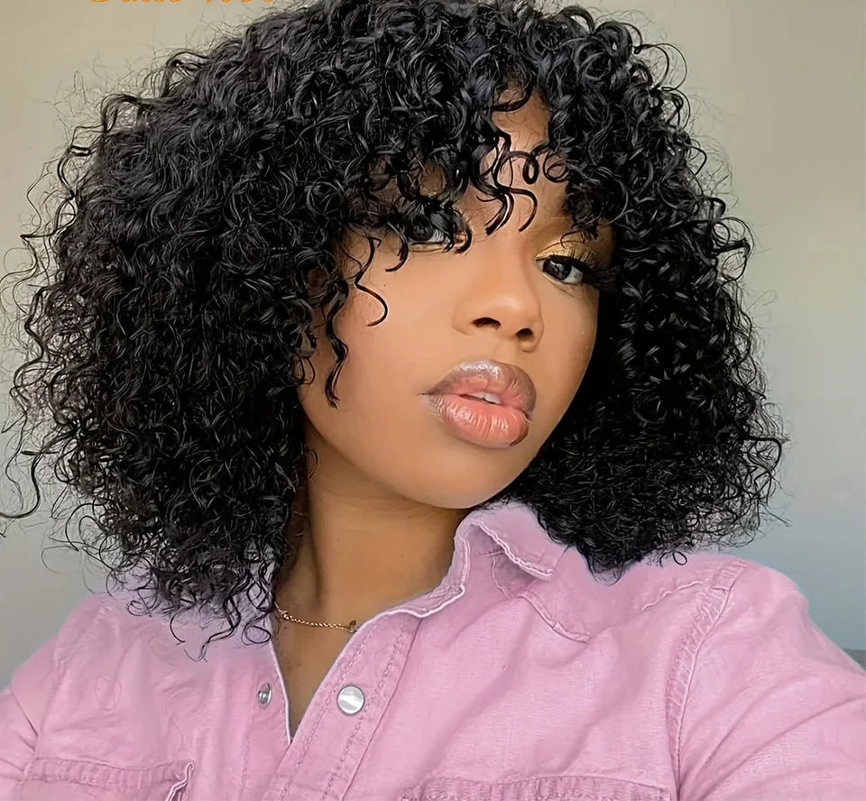 Rebecca 180% Density Highlight Kinky Curly Bob Wig with Bangs | Short Human Hair Full Machine Made