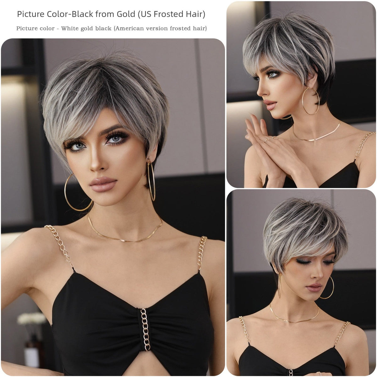European & American Short Platinum Highlight Black Wig | Full Head Cover Artificial Human Hair Wig for Women (Natural Hairstyle with Oblique Bangs)