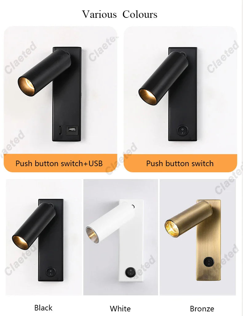 New Led Wall Lamp Sconce with Switch Black Brass Creative USB Port Reading Wall Lamp with 3W Spotlight for Bedroom Bedside