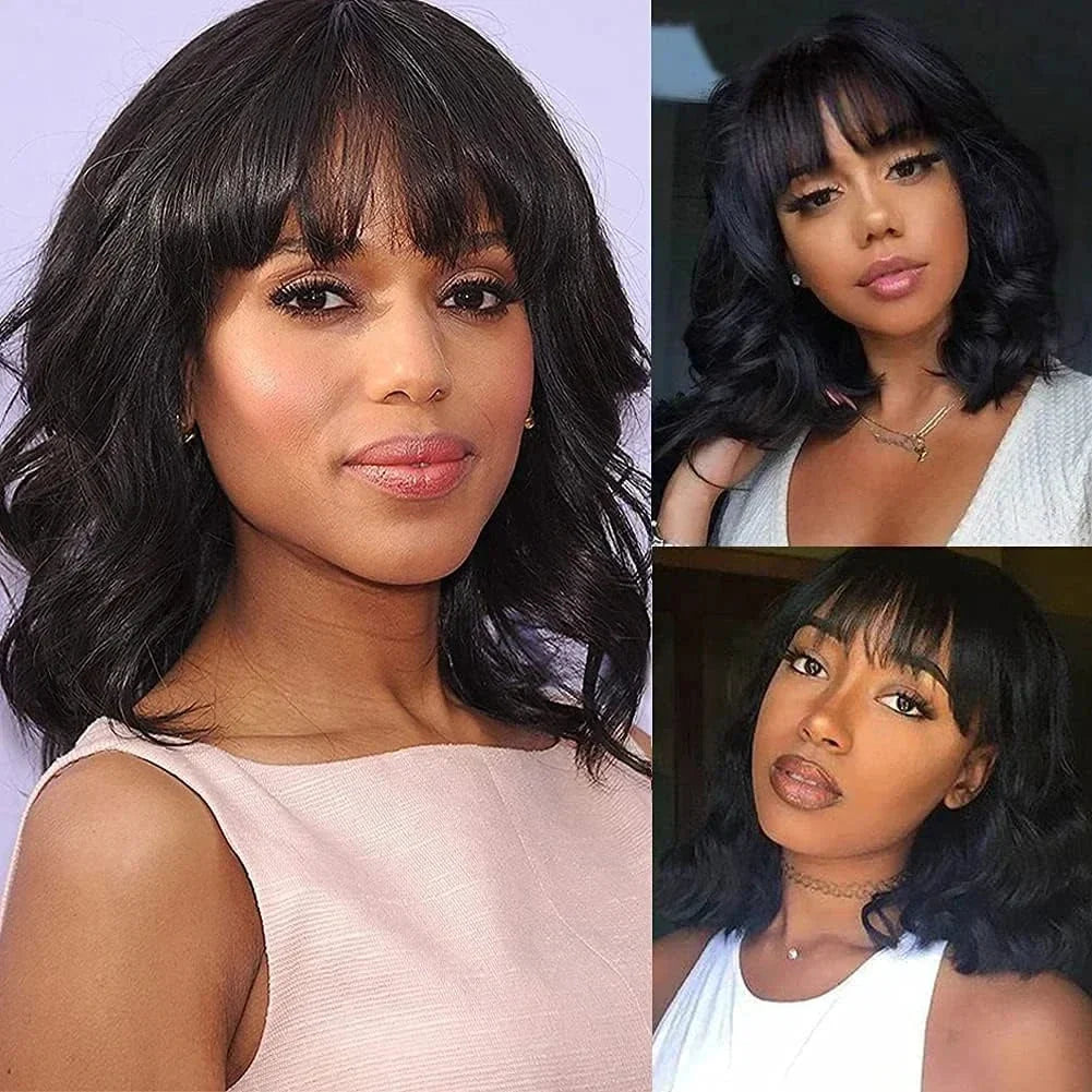 Short Wavy Bob Wig with Bangs | Natural Wave Full Machine Made Human Hair