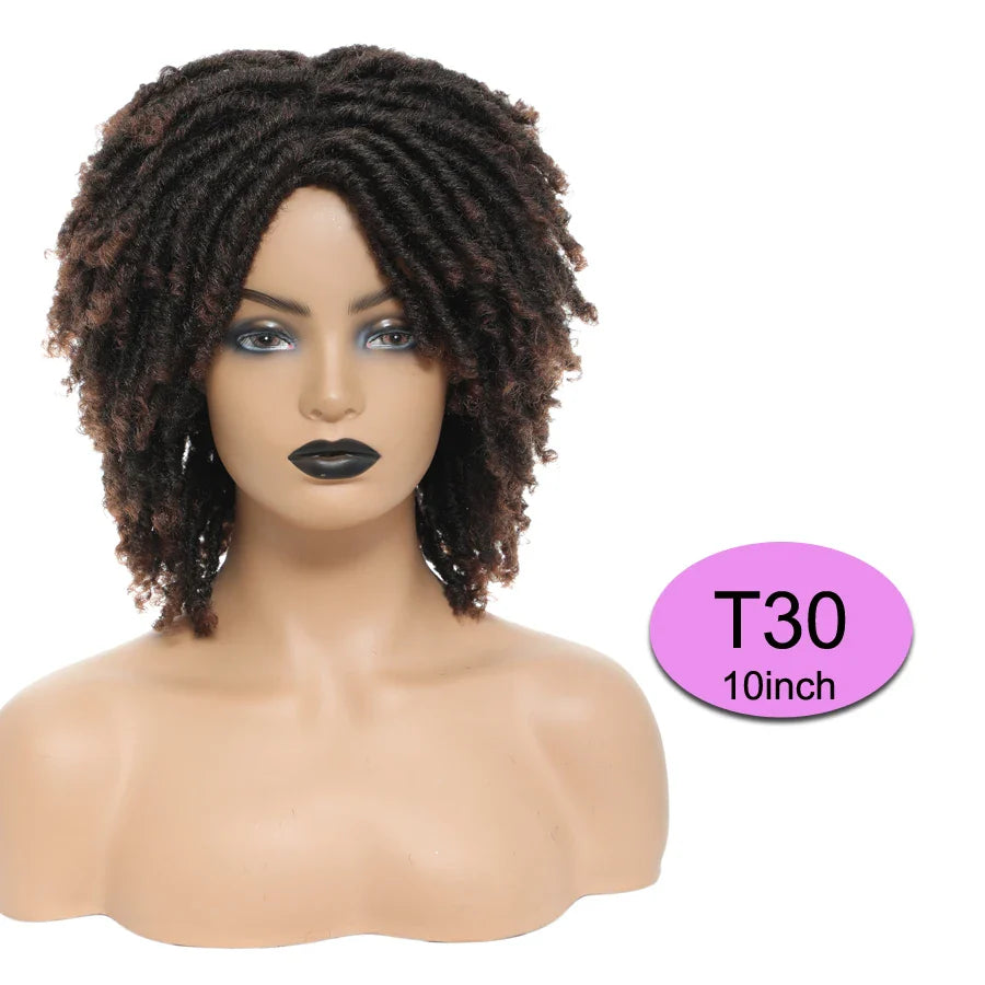 Short Afro Curly Faux Locs Wig | Twist Braids | Heat Resistant | Ombre Brown | Black Women