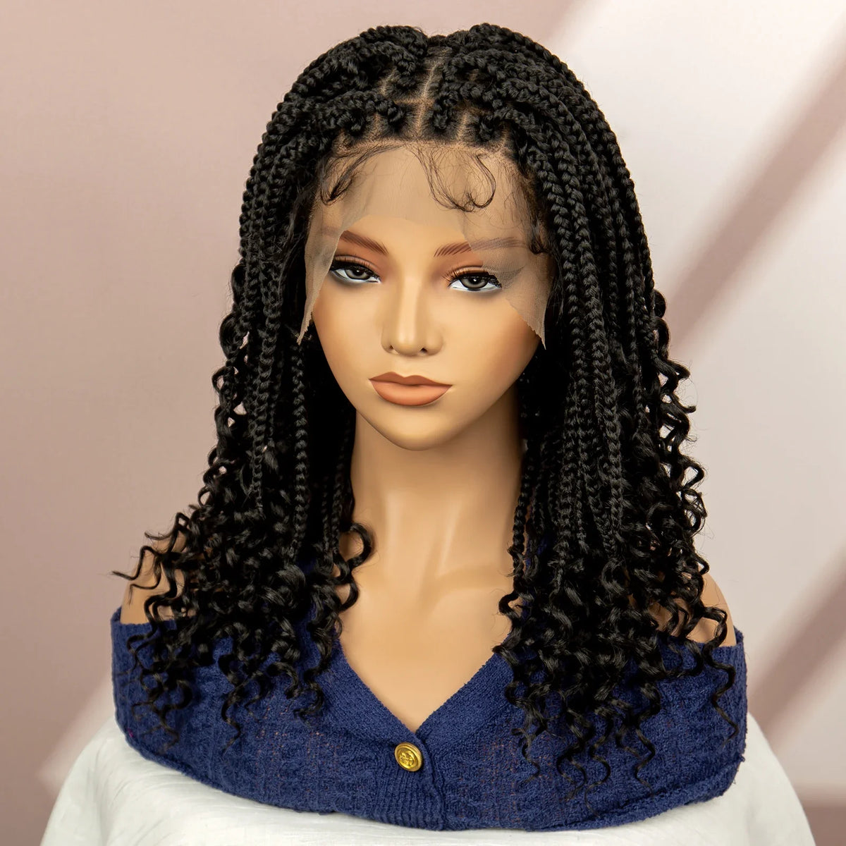 Short Bob Boho Knotless Box Braids Wig | 360 Double Full Lace | Curly Ends